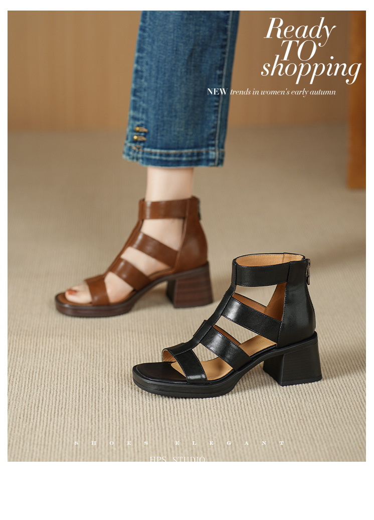 Giày sandal cao gót nữ hở ngón, gót dày 6 cm, phong cách La Mã, dây kéo sau — nâu chi tiết 1