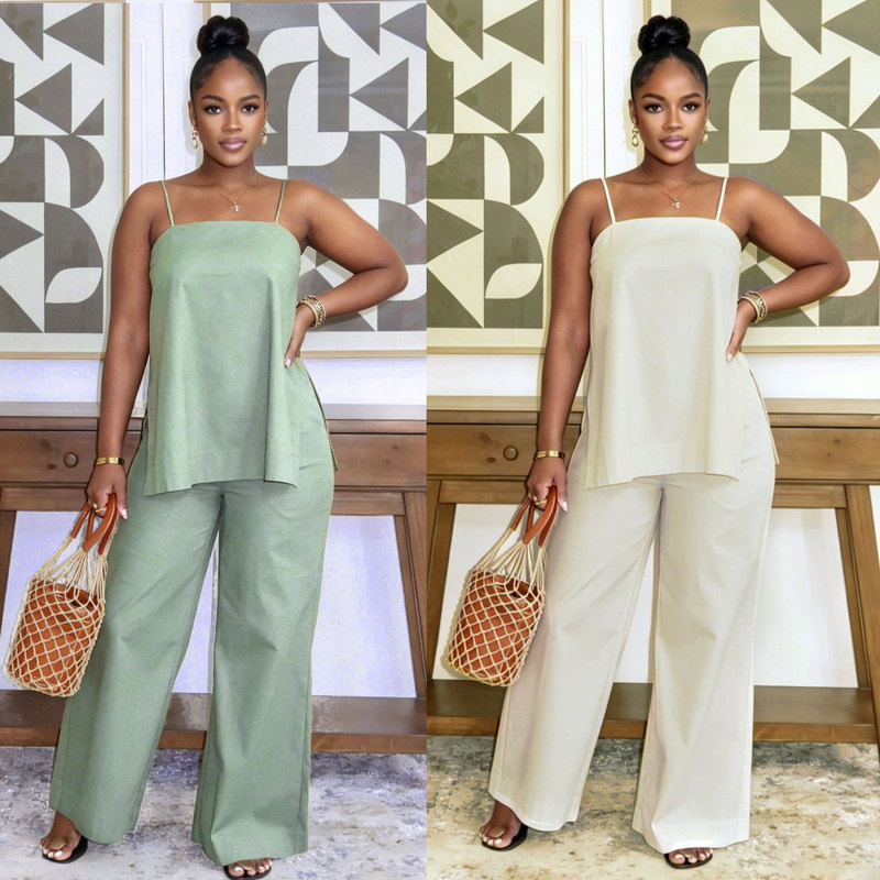 K3892 Elegant Casual Workwear Two-Piece Set with Suspenders and Slit Straight-Leg Pants K3892 Elegant Casual Workwear Two-Piece Set with Suspenders and Slit Straight-Leg Pants