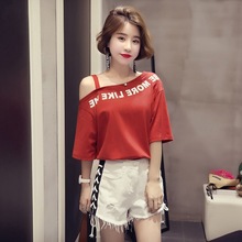 批发短袖T恤女2025新款上衣ulzzang百搭露肩印花打底小衫一件代发