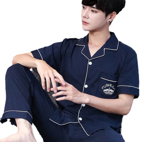 100% Pure Cotton Men's Spring and Autumn Thin Summer Pajamas Full Cotton Short Sleeve Spring and Summer Homecoming Clothes for Outdoors