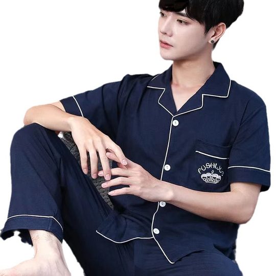100% Pure Cotton Pajamas Men's Spring and Autumn Thin Summer Home Clothes All Cotton Short-sleeved Spring and Summer Home Clothes for Going Out