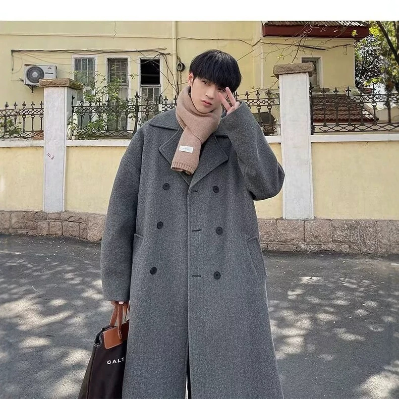 Men's mid-length, over-the-knee, double-breasted wool overcoat with suit collar, thick and trendy (Instagram style)
