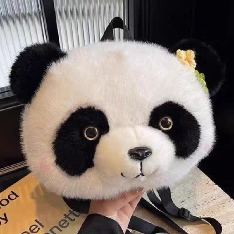 成都熊猫基地同款小熊猫头大熊猫头毛绒双肩包肩带可调节高颜值