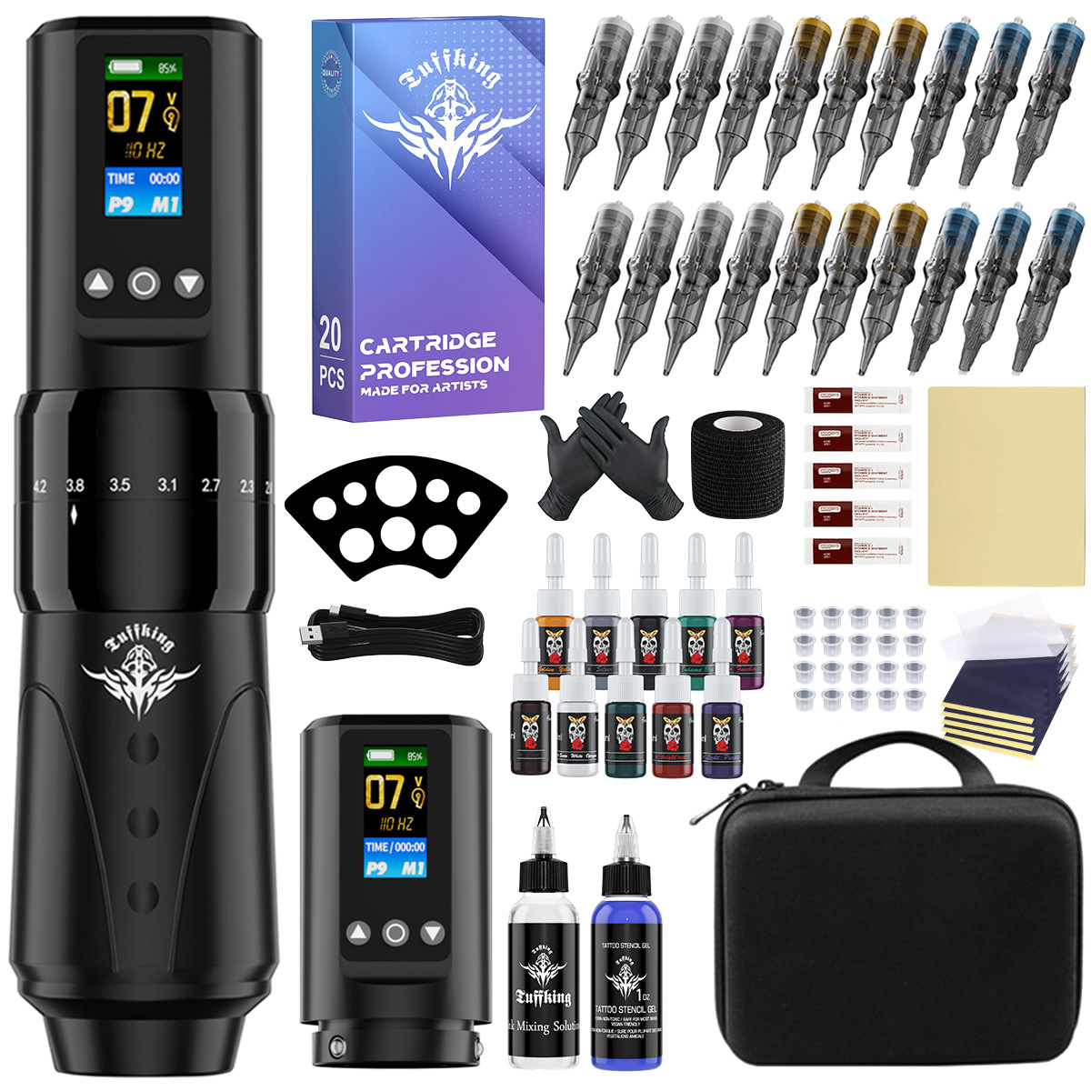 Máquina de tatuaje inalámbrica de batería dual de carrera ajustable para principiantes, juego de lápiz de tatuaje de pantalla, herramienta de tatuaje de niebla de línea cortada