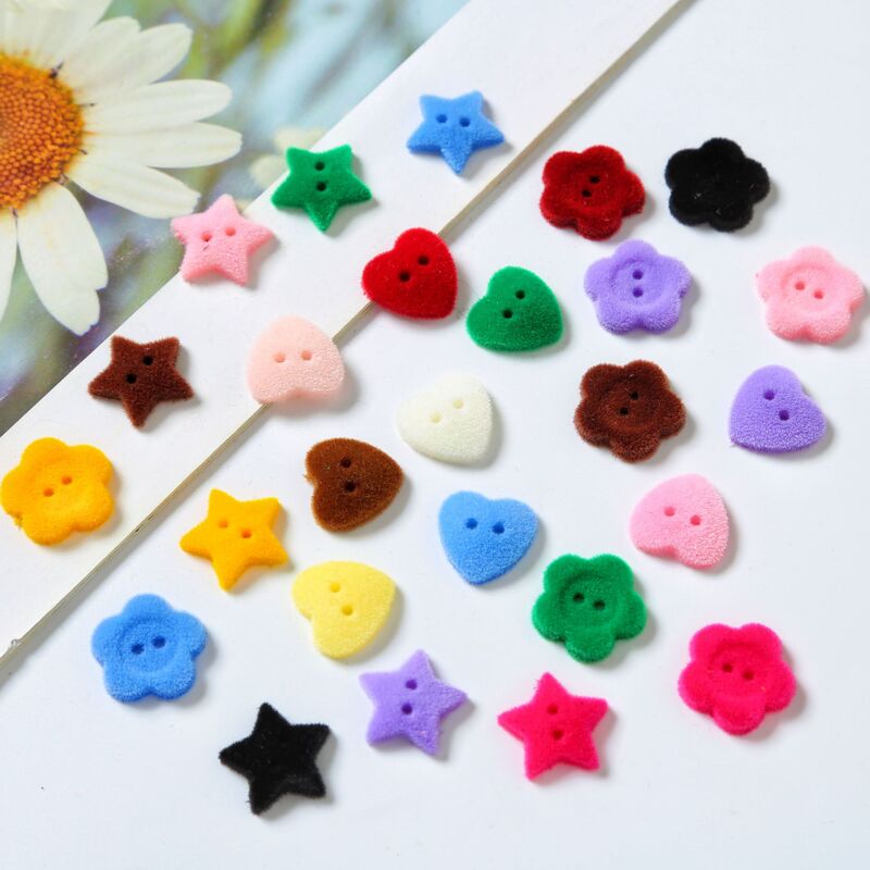 New Velvet Two-Hole Buttons with Star, Flower, and Heart Designs for Children's Clothing DIY Materials, Suitable for Shirts and Cardigans