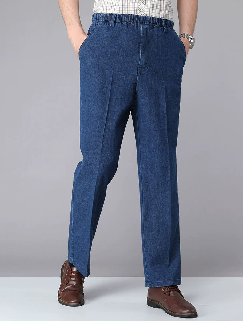 Elastic denim casual trousers, jeans, elastic waist, loose straight fit, for middle age