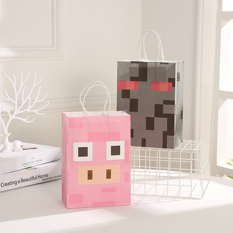 印花牛皮纸纸袋手提袋卡通猪猪包装袋生日派对糖果礼品袋批发