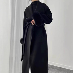 狐狸毛袖大衣女双面羊绒2025秋冬新款高端显瘦长款羊毛呢外套女装
