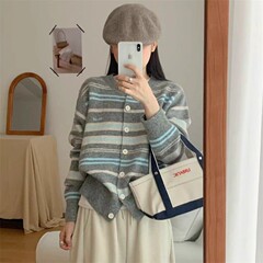 条纹针织开衫女外搭早秋韩系穿搭刺绣撞色上衣慵懒毛衣外套