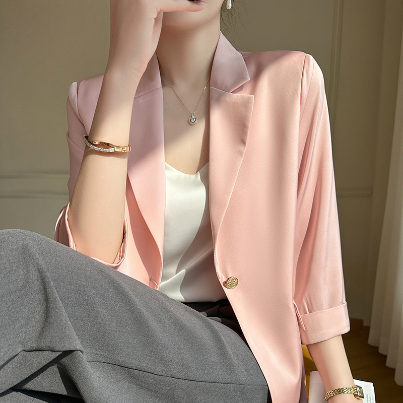 Spring and Summer Thin Women's Acetate Satin Blazer with a Stylish Design, Elegant Slim Fit Suit Jacket, Versatile Short Style