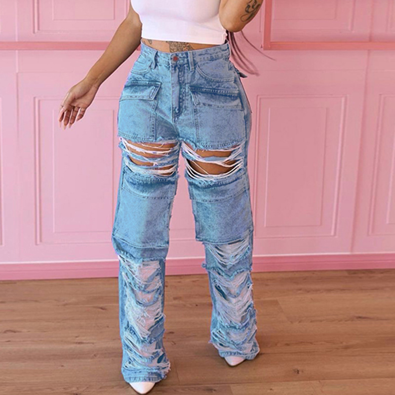 Frau Täglich Strassenmode Einfarbig In Voller Länge Zerrissen Jeans Gerade Hosen display picture 1