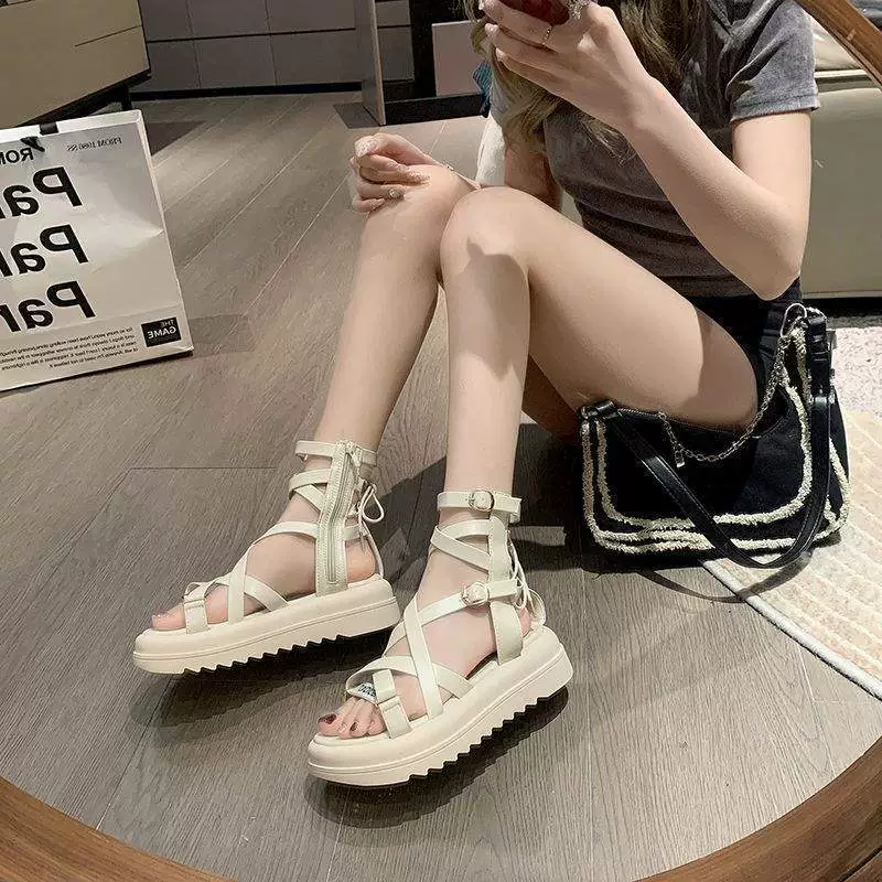 Римские сандалии Yuechen, женские летние студенческие сандалии на толстой подошве, французские сандалии с перекрестными ремешками, высокие полые сандалии в сказочном стиле