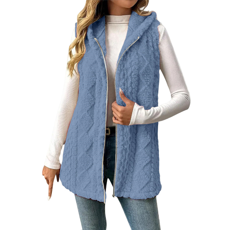 Plush Warm Vest Jacket Cross-Border Best-Selling Product Solid Color Double-Sided Velvet Hooded Mid-Length Zipper Cardigan Casual Women