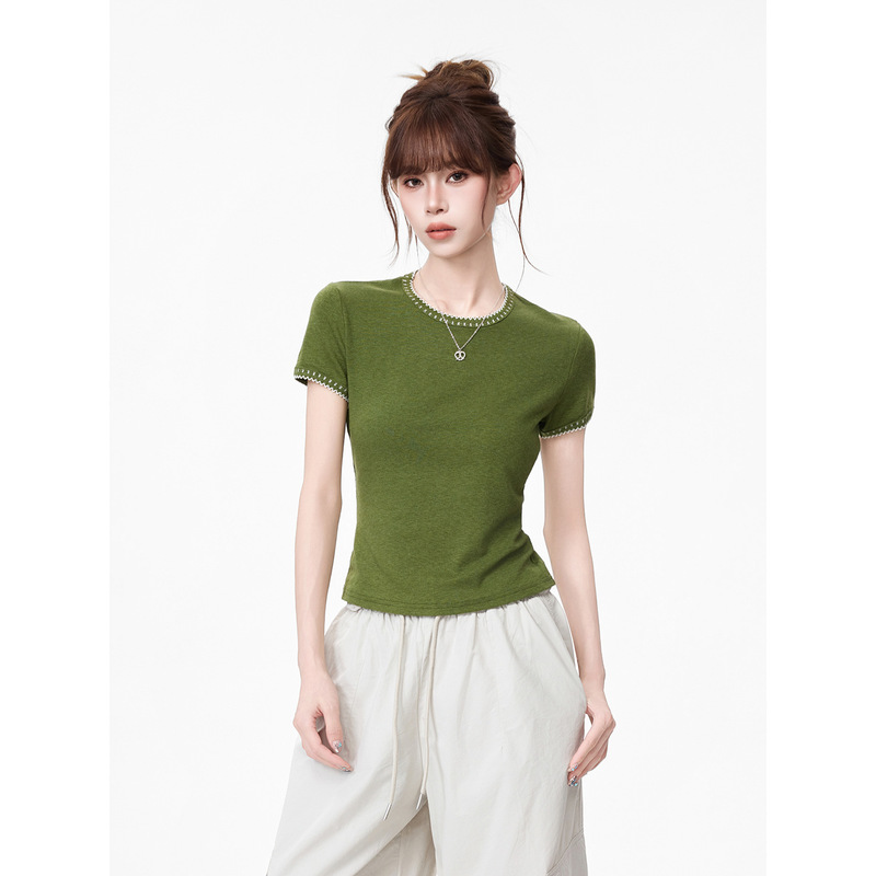 Jiyou Korean-Style Green Round-Neck Simple Short-Sleeve T-Shirt for Women, Summer Design, Slim Fit Top