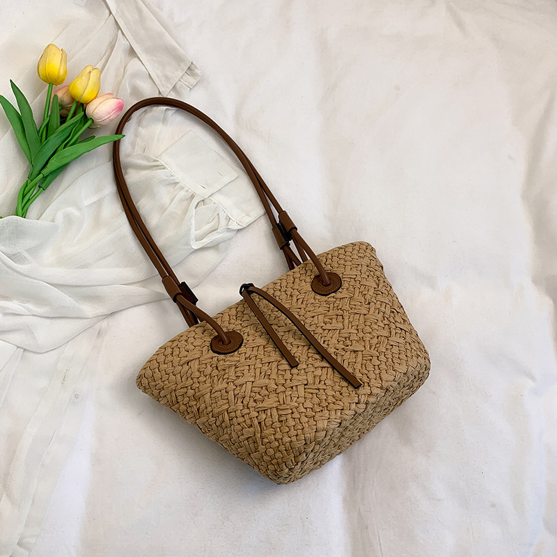 Stylish Solid Color Woven Bag, Large Capacity Vacation Straw Tote Bag, Market Basket Bag For Women (Available In Small And Large) - Thumbnail 7