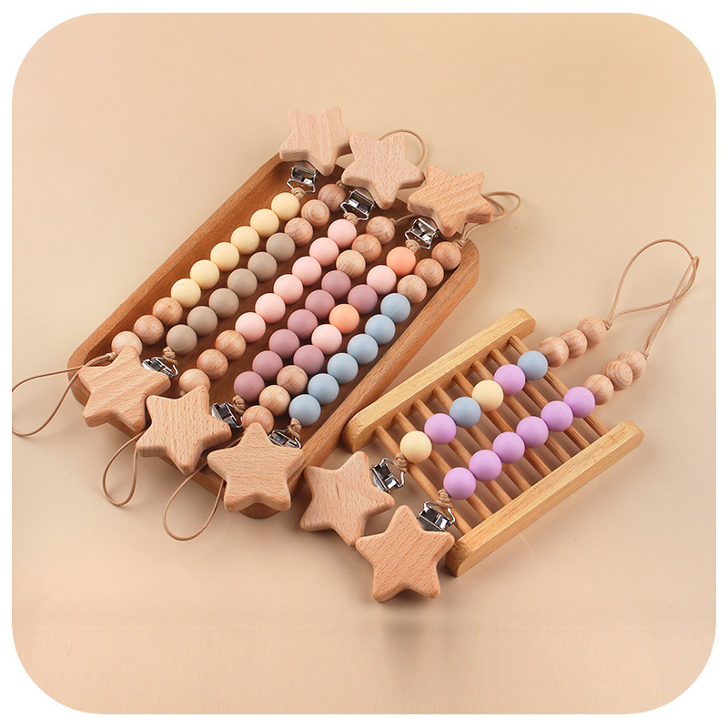 SHIEN bebés estrellas cadena de tetas de madera de haya de silicona cadena de dientes de mordida de bebé cadena de dientes de mordida anti-perdida