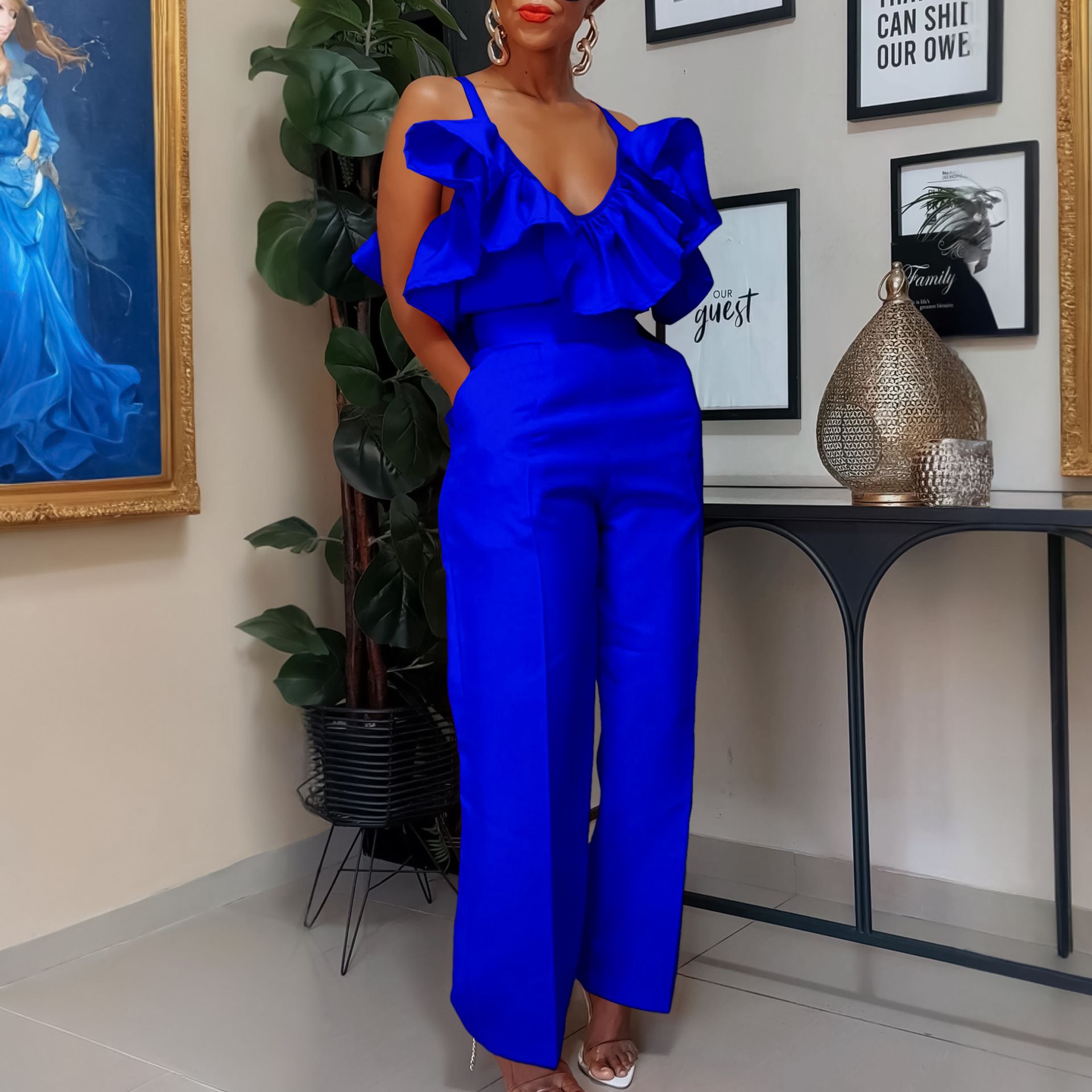 Damenbekleidung, modischer V-Ausschnitt, gerüschter Hosenträgertop, hohe Taille, Hosenanzug_voghion.com