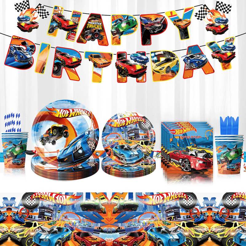 New Hot Wheels Racing Game Theme Boys Birthday Party Decoration Disposable Tableware Paper Tray Paper Cup Tissue