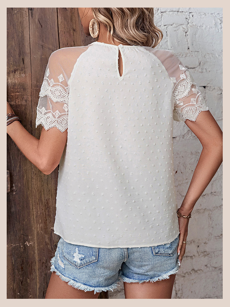 Kurzärmliges, durchsichtiges Design-Hemd mit Spitzenspleißung_voghion.com