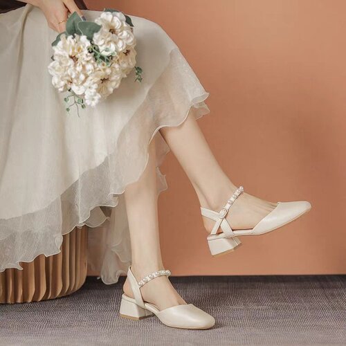 Pearl baotou thick heel sandals female fairy style summer all-matching thick heel gentle middle heel Mary Jane single-layer shoes