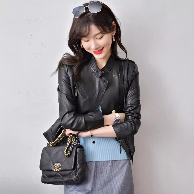 Haining 2026 New Style Genuine Leather Jacket for Women, Short Genuine Sheepskin Slim-Fit Motorcycle Jacket Leather Coat for Women