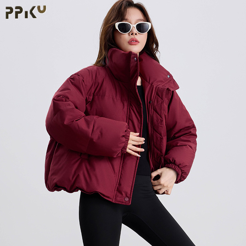 High-End Wine Red White Duck down Jacket for Women 2025 Winter Windproof Stand Collar Warm Short Coat Trendy Winter Wear