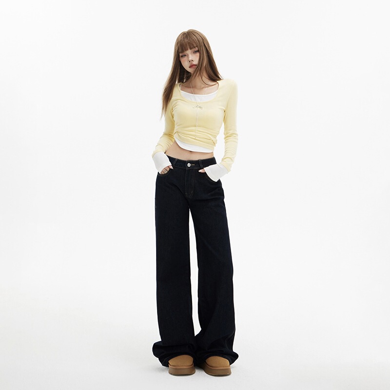 Retro low-waist dark blue straight-leg jeans for women, new spring style, versatile, loose, slimming, with a drapey feel, not clingy, wide-leg pants Retro low-waist dark blue straight-leg jeans for women, new spring style, versatile, loose, slimming, with a drapey feel, not clingy, wide-leg pants