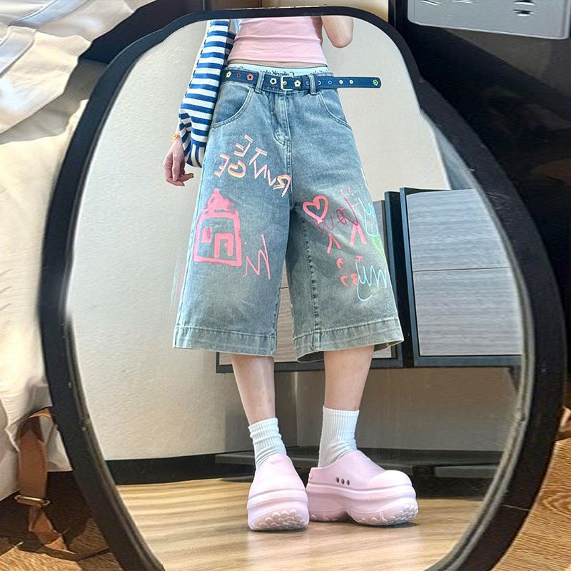 Wide-Leg Dopamine Pink Graffiti Denim Cropped Pants Women's 2025 Summer New Loose Sexy Straight Shorts