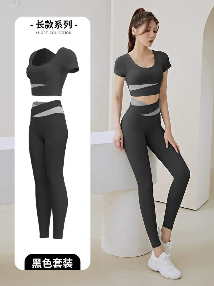  Summer sports breast pads, leggings, trousers for gym, set, with short sleeve, beautiful back