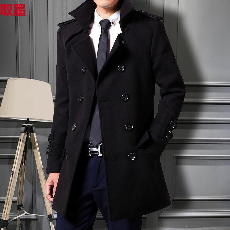 2024 Autumn and Winter New Men's Trenchcoat Slim-fit Korean Style Trendy Coat Woolen Double-breasted Youth Men's Thick Coat