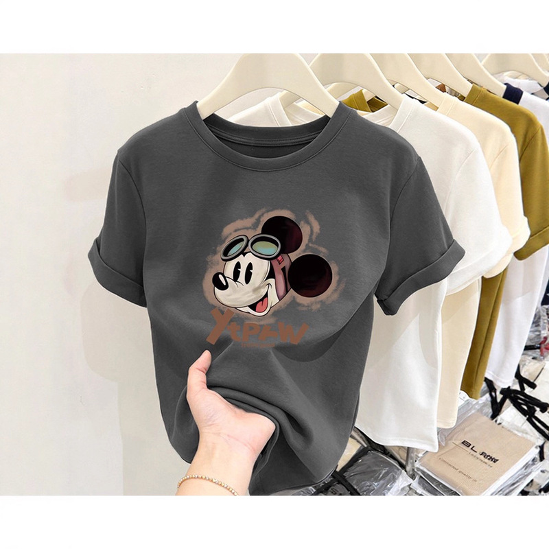 Right-Shoulder Cotton Brushed Short-Sleeve T-Shirt for Women, Trendy and Versatile Top, Thickened Base Shirt, Early Autumn 2025 New Style