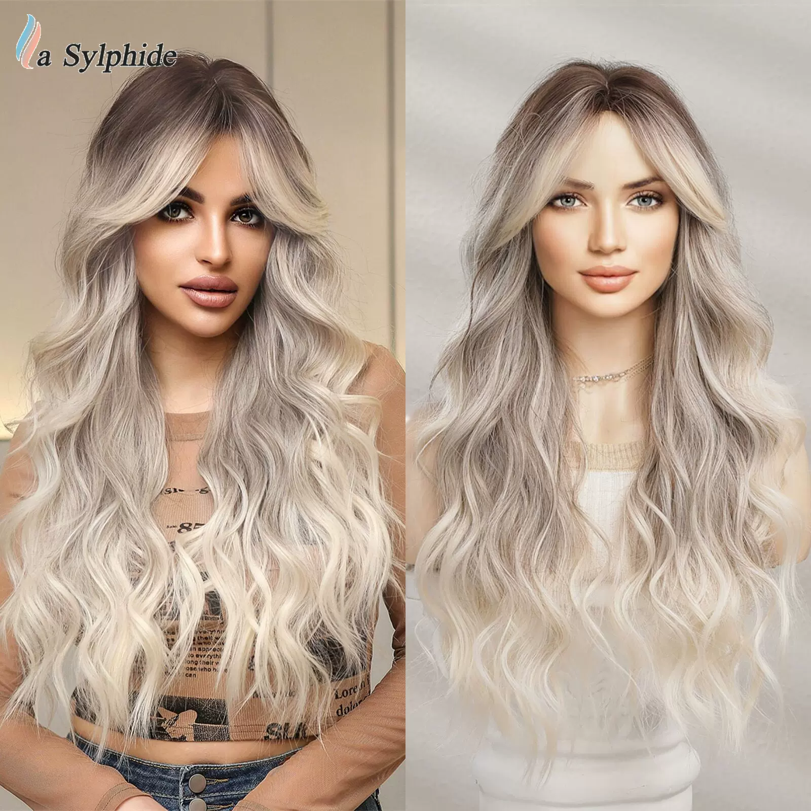 欧美全头套假发长卷发八字刘海自然金棕渐变灰女wig高温丝玫瑰网