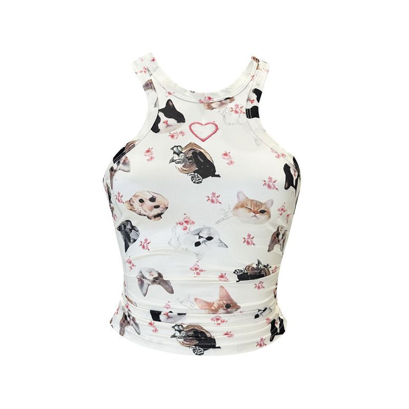 基礎刺繡印花動物工字背心小吊帶外穿遮副乳無袖甜辣上衣女