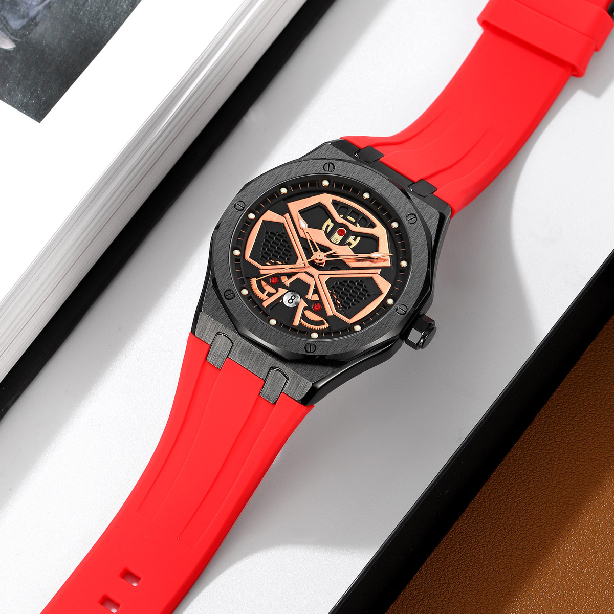 Momento de fábrica de los Estados Unidos hombres relojes de pulsera mecha octogonal de silicona hueco correa impermeable relojes de cuarzo transfronterizos al por mayor