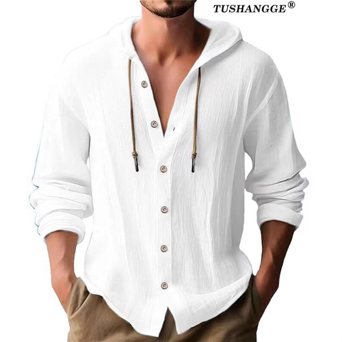 Cross-border AliExpress 2025 New Spring Men's Hooded T-Shirt Pure Cotton Linen Men's Casual Long-Sleeve Top