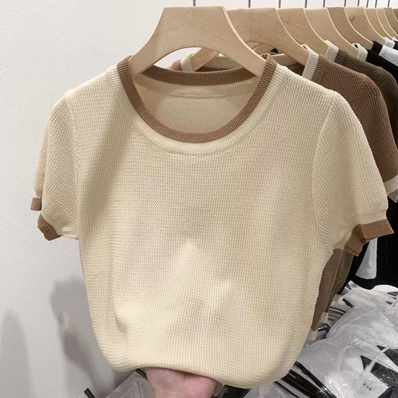 2024 Summer Korean Knitted Sweater Short-sleeved New Round Neck Contrast Color French Slim-fit Slimming Top Women's Base Shirt