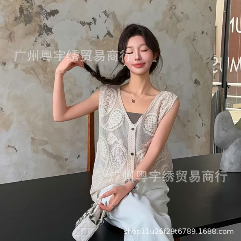 Summer Korean Style Crochet Hollow V-Neck Thin Knitted Vest for Women Sleeveless Outer Vest Versatile Slimming Look Top for Women