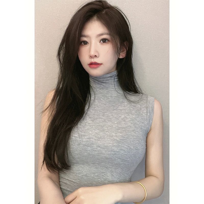 하이 넥 티셔츠 유럽과 미국 스타일의 여성 의류 섹시한 순수한 욕망 민소매 탄성 다목적 조끼 뜨거운 소녀 타이트 탑 여성 새로운 스타일