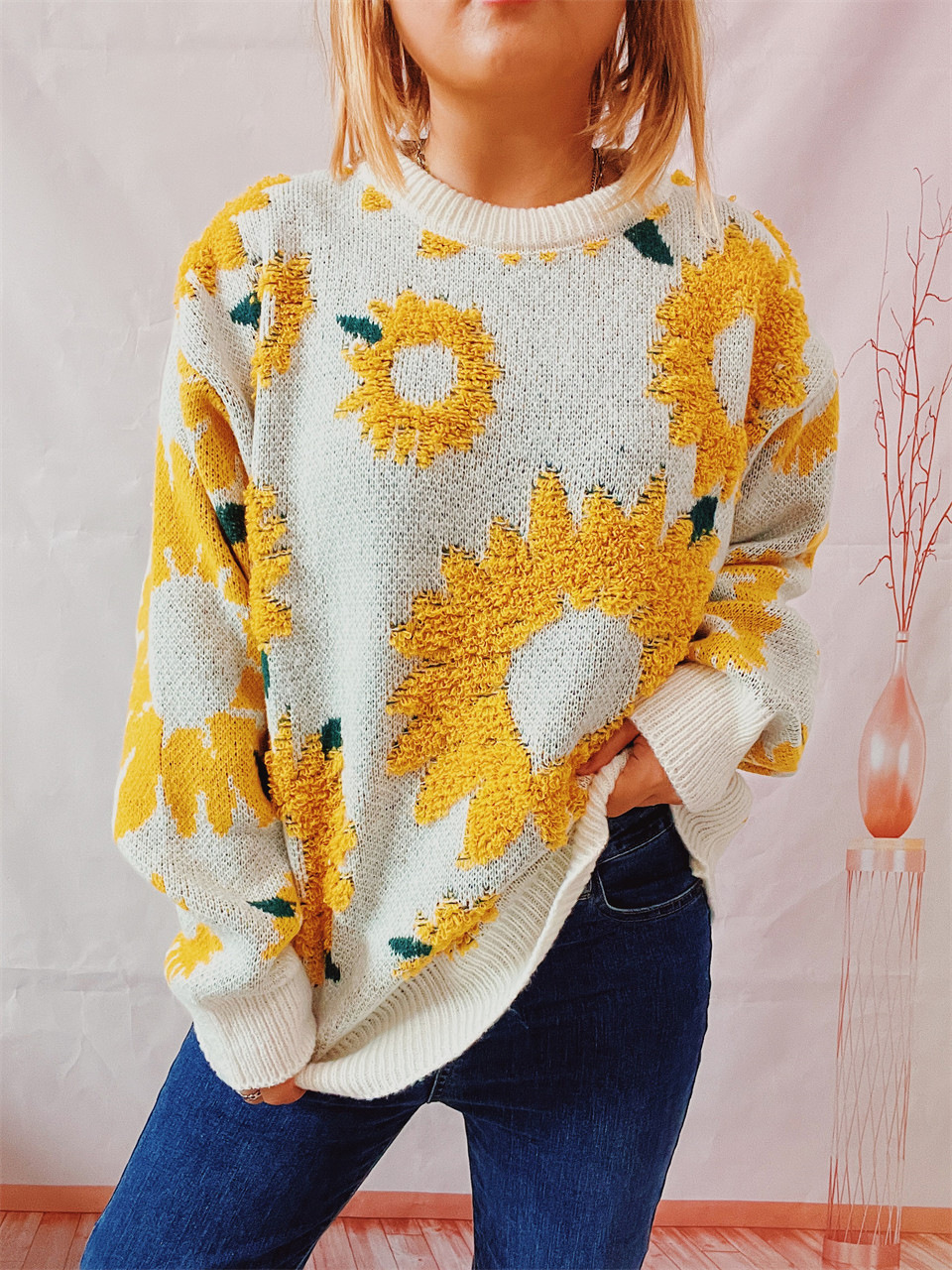 Women's Sunflower Jacquard Knitted Pullover Sweater For Winter_voghion.com