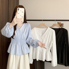 2025秋季大码胖mm女装新款褶皱V领纯色设计收腰百搭显瘦长袖衬衫