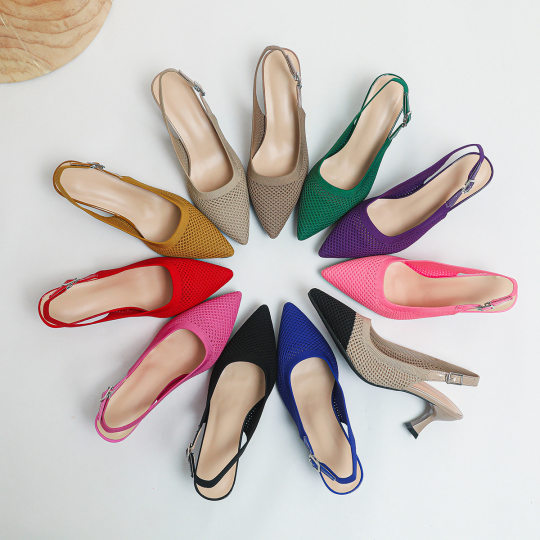 Ladies sandals (heel height 6CM) summer fly woven fashion sandals pointed rear strap high heels comfortable