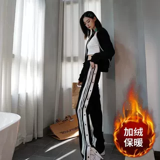 排扣裤黑色可秒脱女夏篮球透气薄款条纹休闲宽松直筒阔腿裤运动裤
