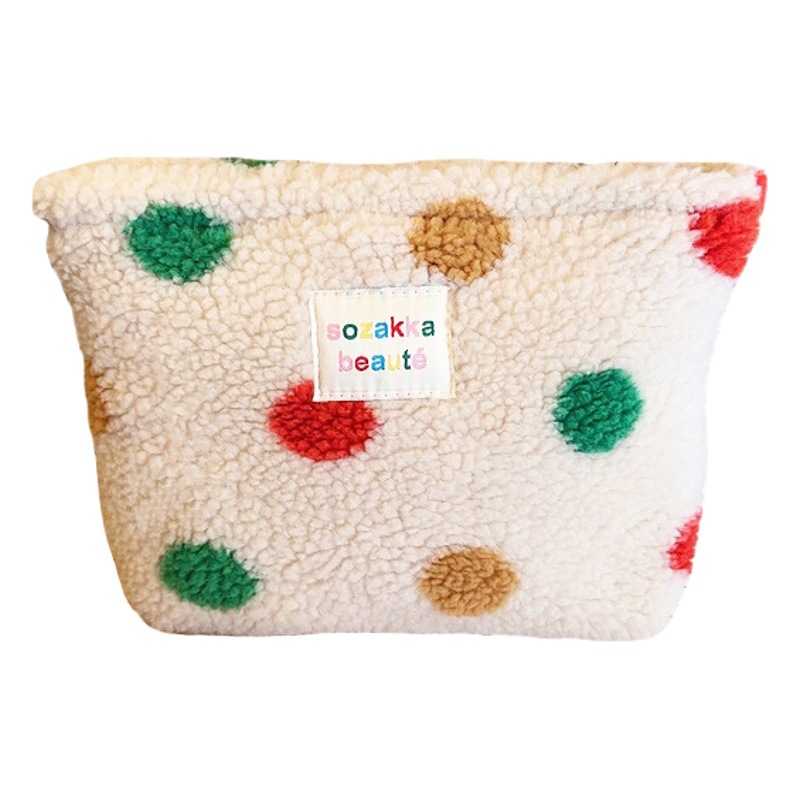 4123 ins style winter plush cosmetic bag color polka dot large capacity travel skin care cosmetics storage bag for women