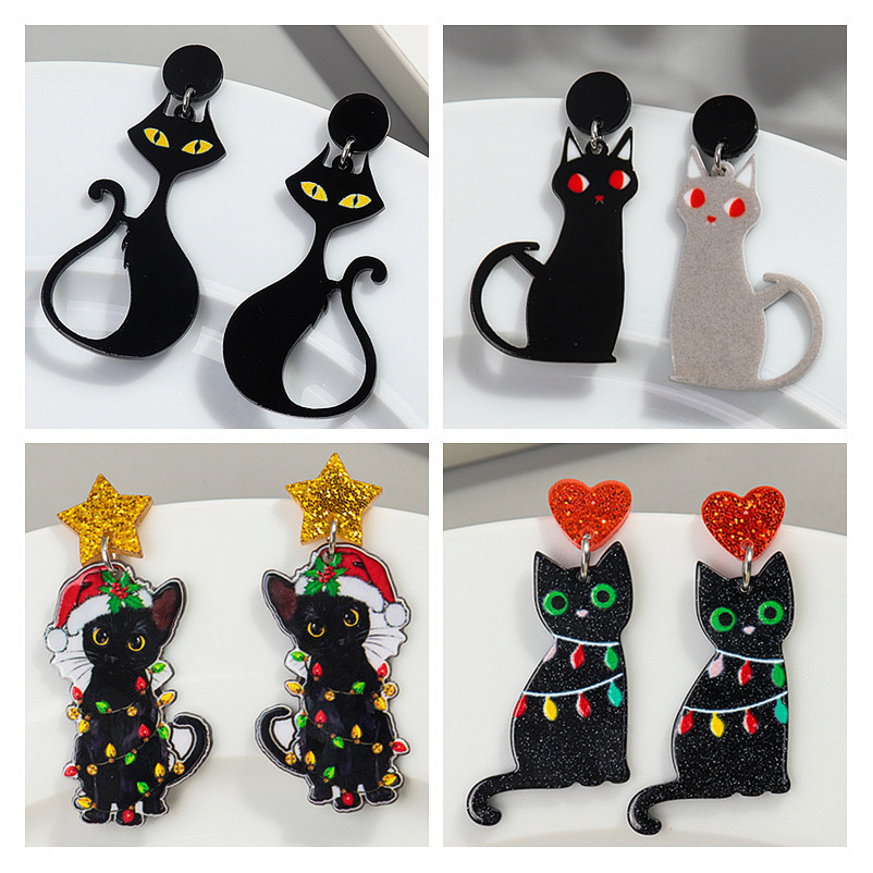 Aretes de gato cambiables de Navidad – acrílico, estilo adorable, campana, gato negro, Europa/América