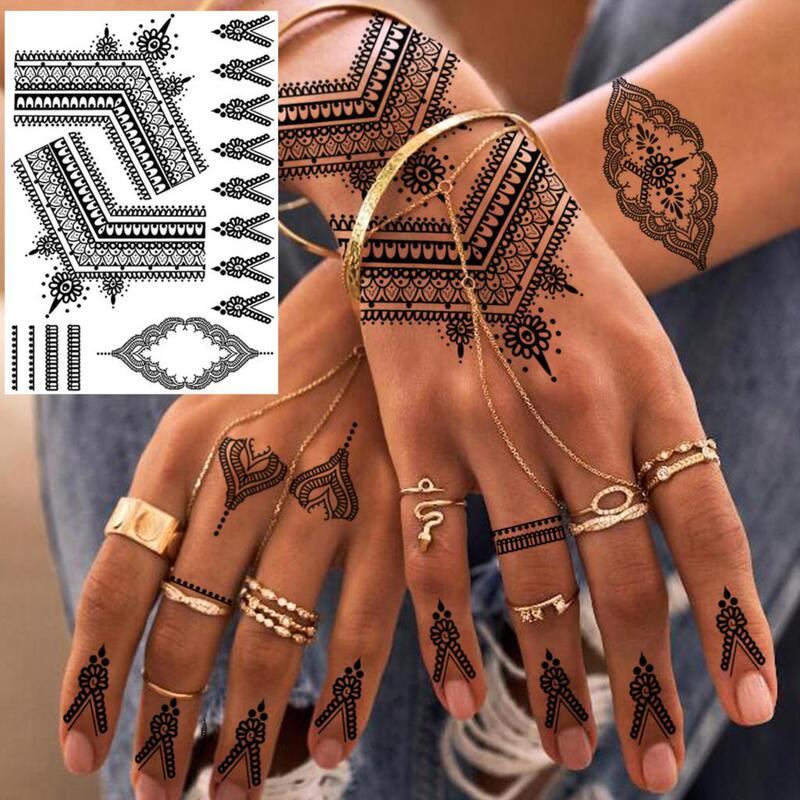 Indian Geometric Temporary Tattoo Female Adult Black Lace Flower Tattoo Sticker Leg Arm Bohemian