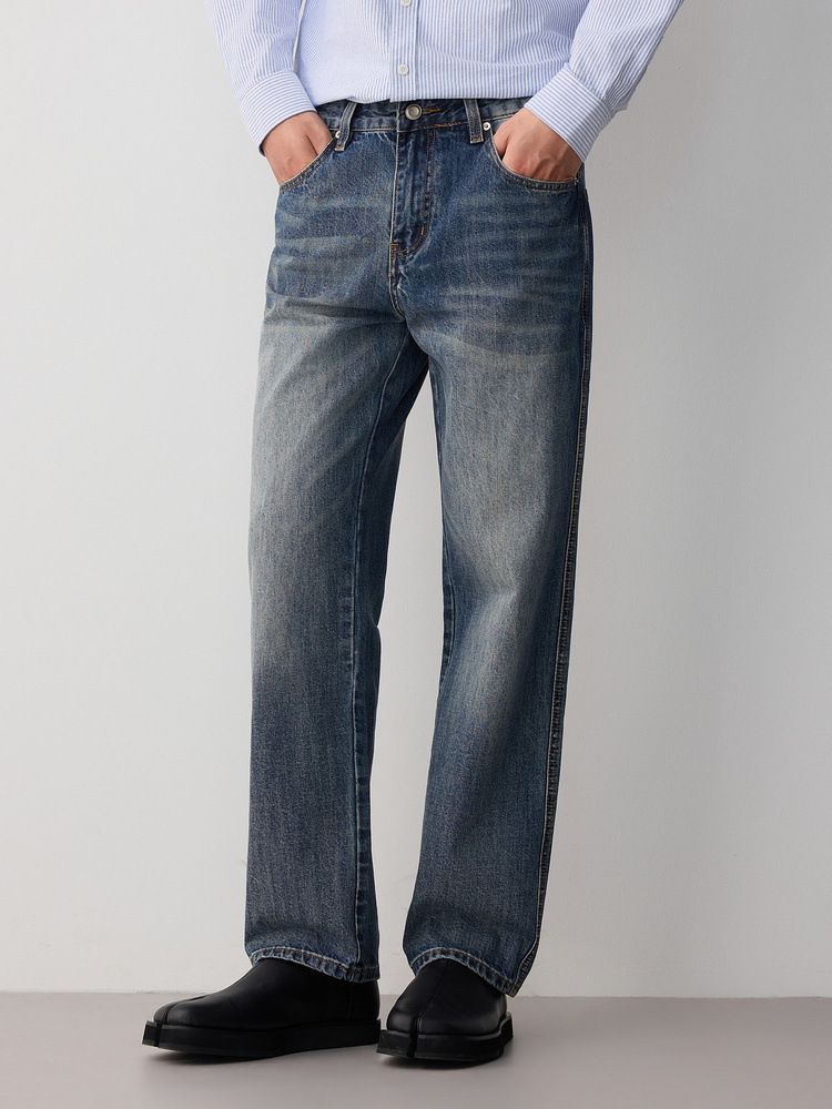 Quần jean nam ống rộng cổ điển phong cách công sở thông minh, chất liệu denim wash nhẹ — Màu xanh da trời chi tiết 4