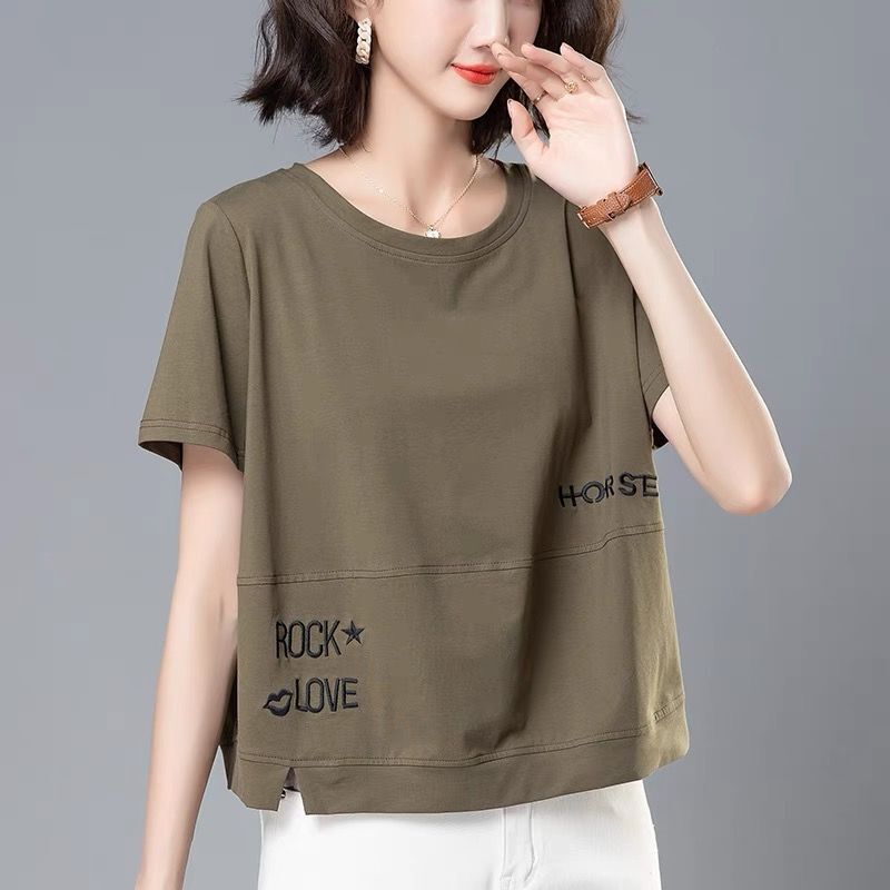 Cotton T-shirt 2025 middle-aged and elderly mother short sleeve new summer casual plus size loose belly-covered crew neck top tide