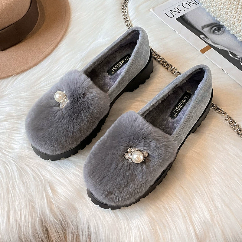Женские меховые туфли T55 Huidong Yixinda 2025, зимняя уличная обувь, плюшевые лоферы с натуральным кроличьим мехом, женские слипоны из хлопка.