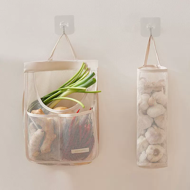 厨房收纳袋简约风大号方便袋手提壁挂大蒜头网兜布袋购物储物挂袋