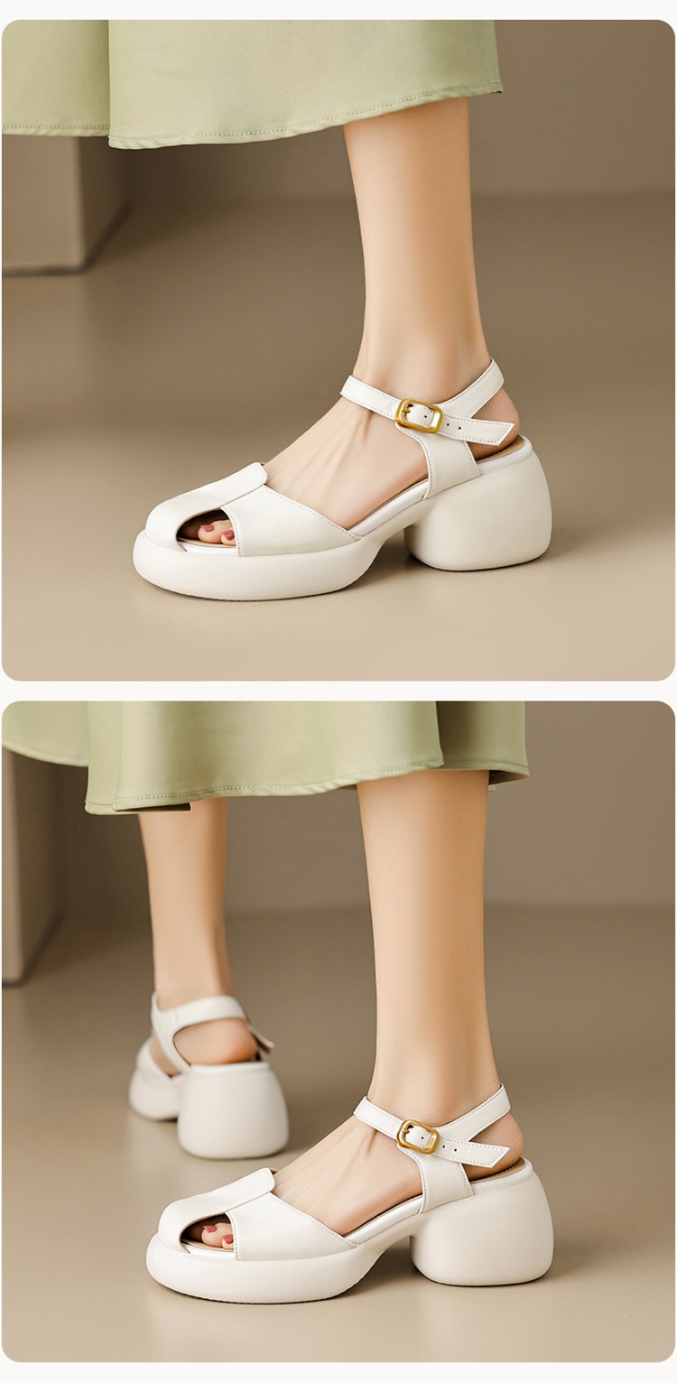 Sandal cao gót nữ bít mũi da cừu gót thô kiểu La Mã đế dày quai ngang — Màu trắng be chi tiết 9